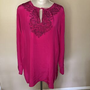 DIANE von FURSTENBERG Silk Pink Fuchsia Embroidered Tunic Top Size L Lagenlook